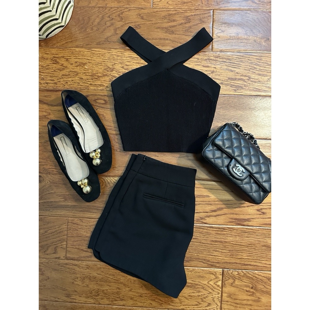 Babaton Sculpt Knit Top Women Small Black Crop Cross Halter Rib Stretch ARITZIA